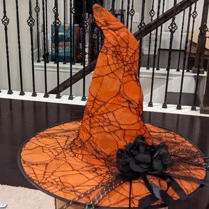 Orange Witches Hat with Black Flowers & Tubing With A Spider Web Design